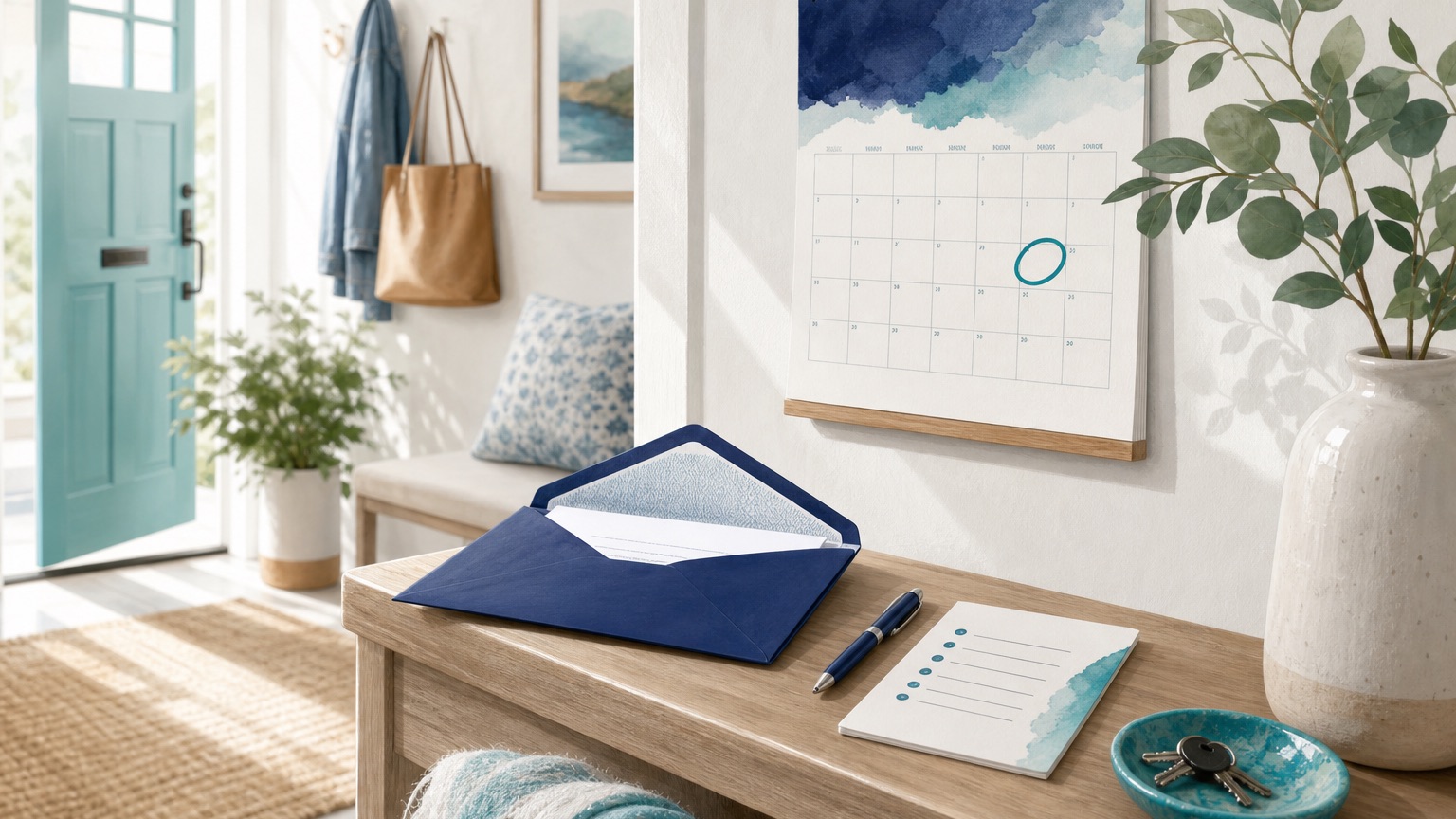 Editorial illustration of an open envelope with a calendar and checklist motif, navy and teal palette, suggesting a health insurance enrollment notice arriving in the mail