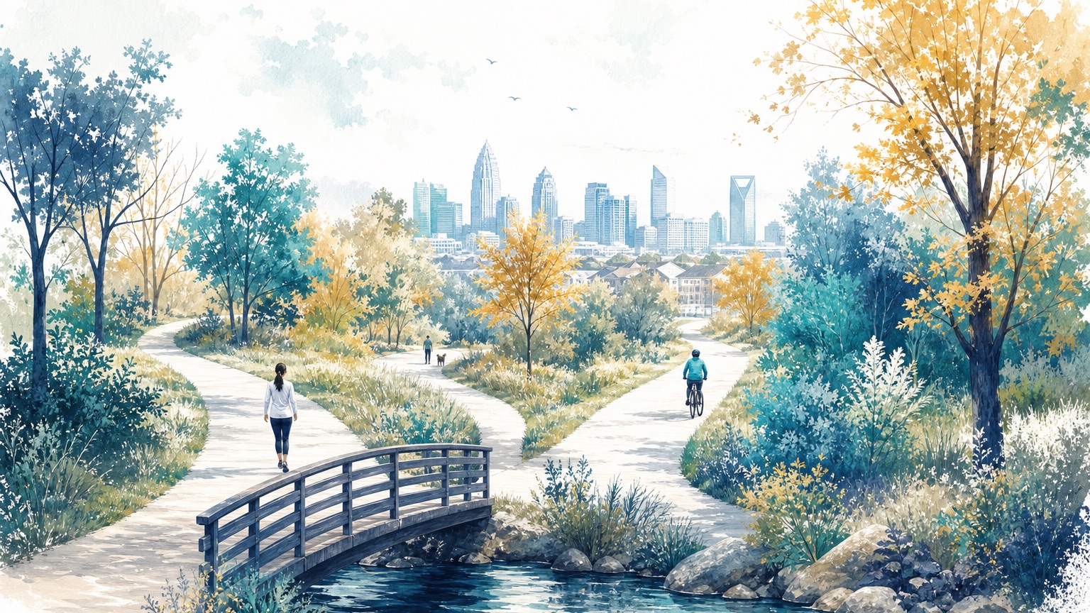 Editorial illustration of a sunlit Charlotte greenway path branching three ways through autumn trees, in navy and teal tones, suggesting a choice between health plan options