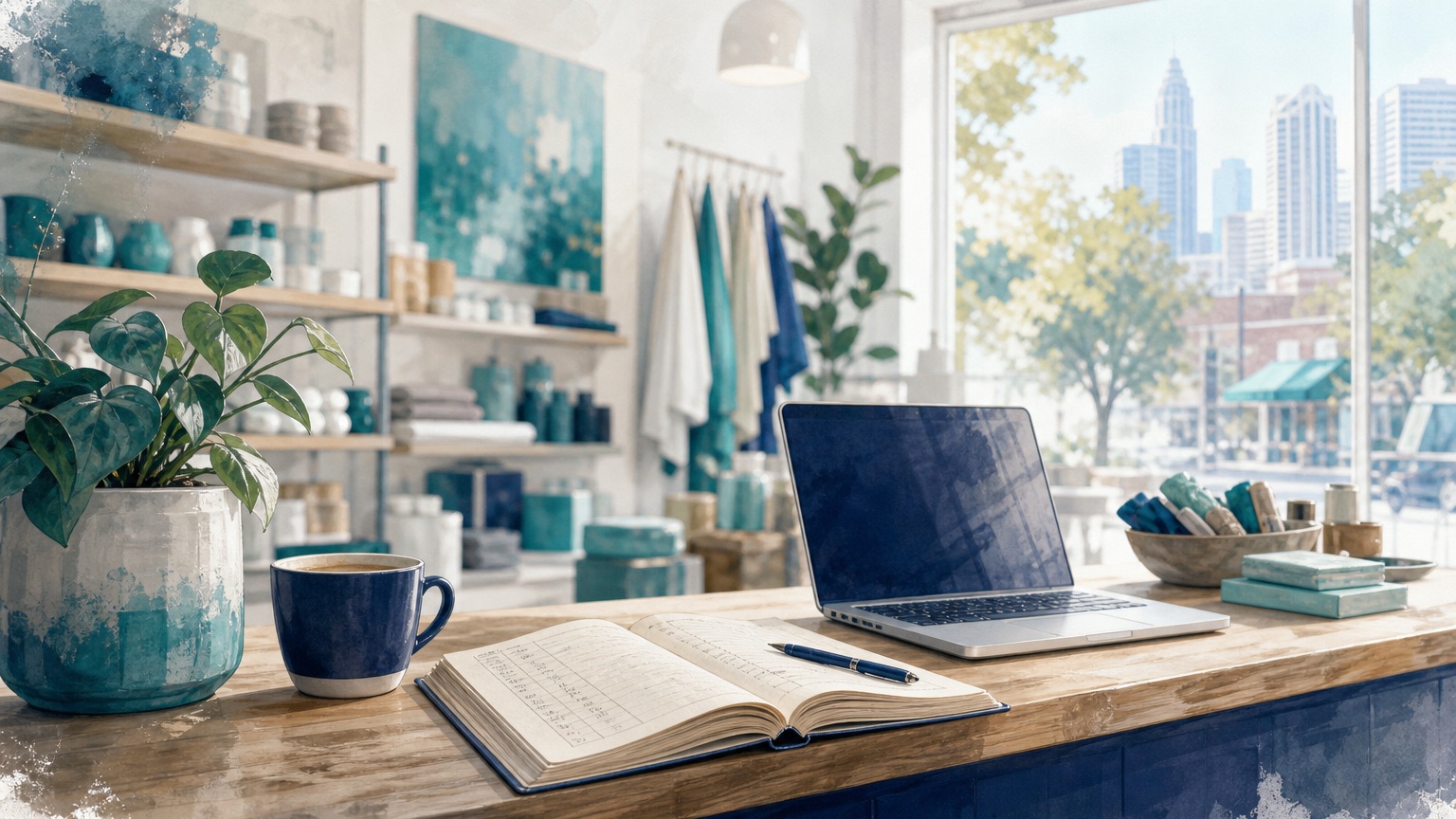 Editorial illustration of a small storefront counter with a ledger and laptop, morning light suggesting a self-employed person reviewing their finances