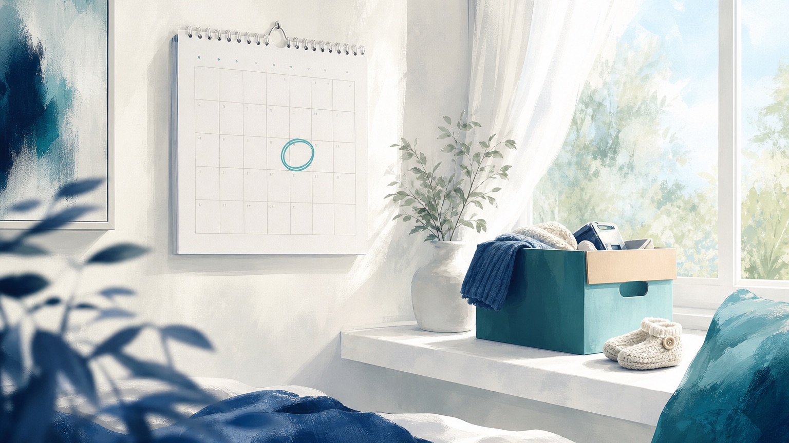 Editorial illustration of a calendar page with a highlighted window of days and a small moving box and baby bootie beside it, navy and teal palette, suggesting the different life events that can open a health insurance enrollment window