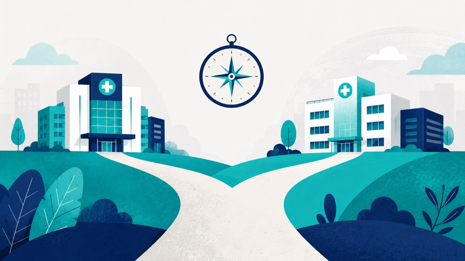 Illustration of two hospital buildings on opposite sides of a forking path, with a compass floating above the fork