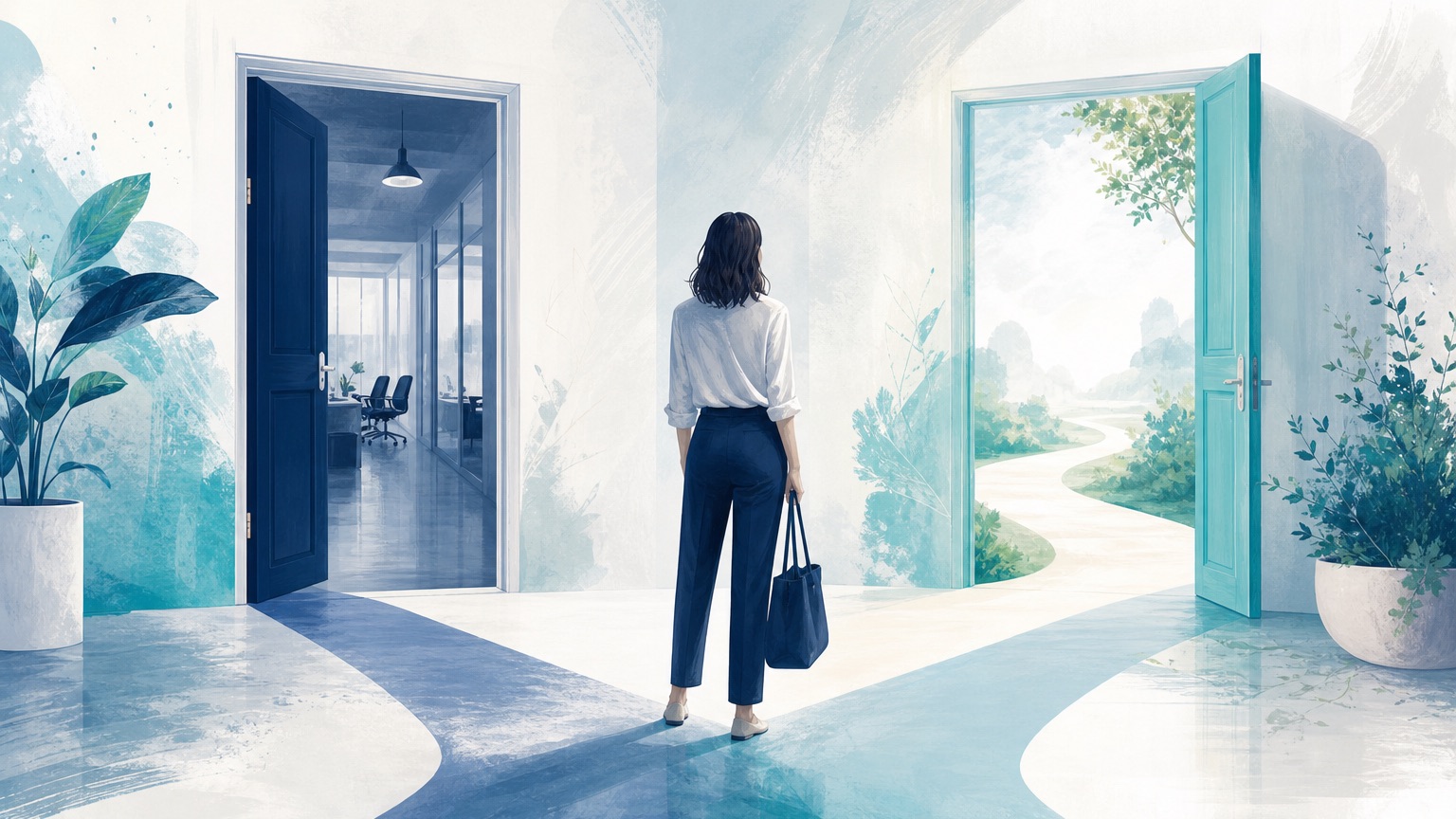 Editorial illustration of two paths diverging from an open doorway, one leading toward a continuing structure and one toward a new one, representing the choice between COBRA and a Marketplace plan