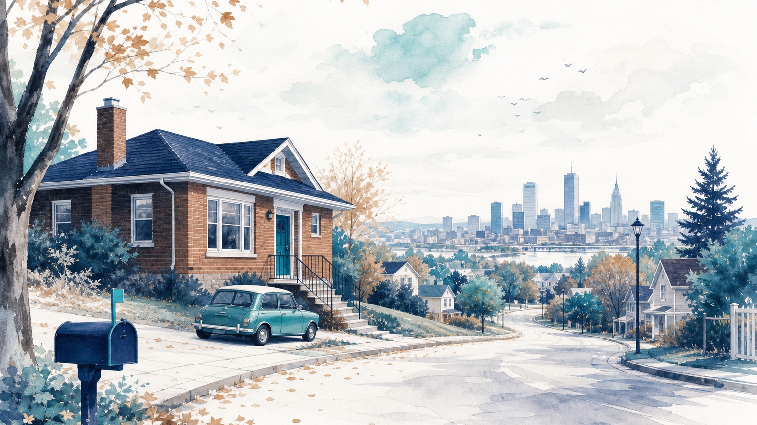 Editorial illustration of an autumn neighborhood street with a small car parked beside a brick bungalow and a winding road leading toward a distant city skyline, representing the everyday costs that continue around a serious diagnosis