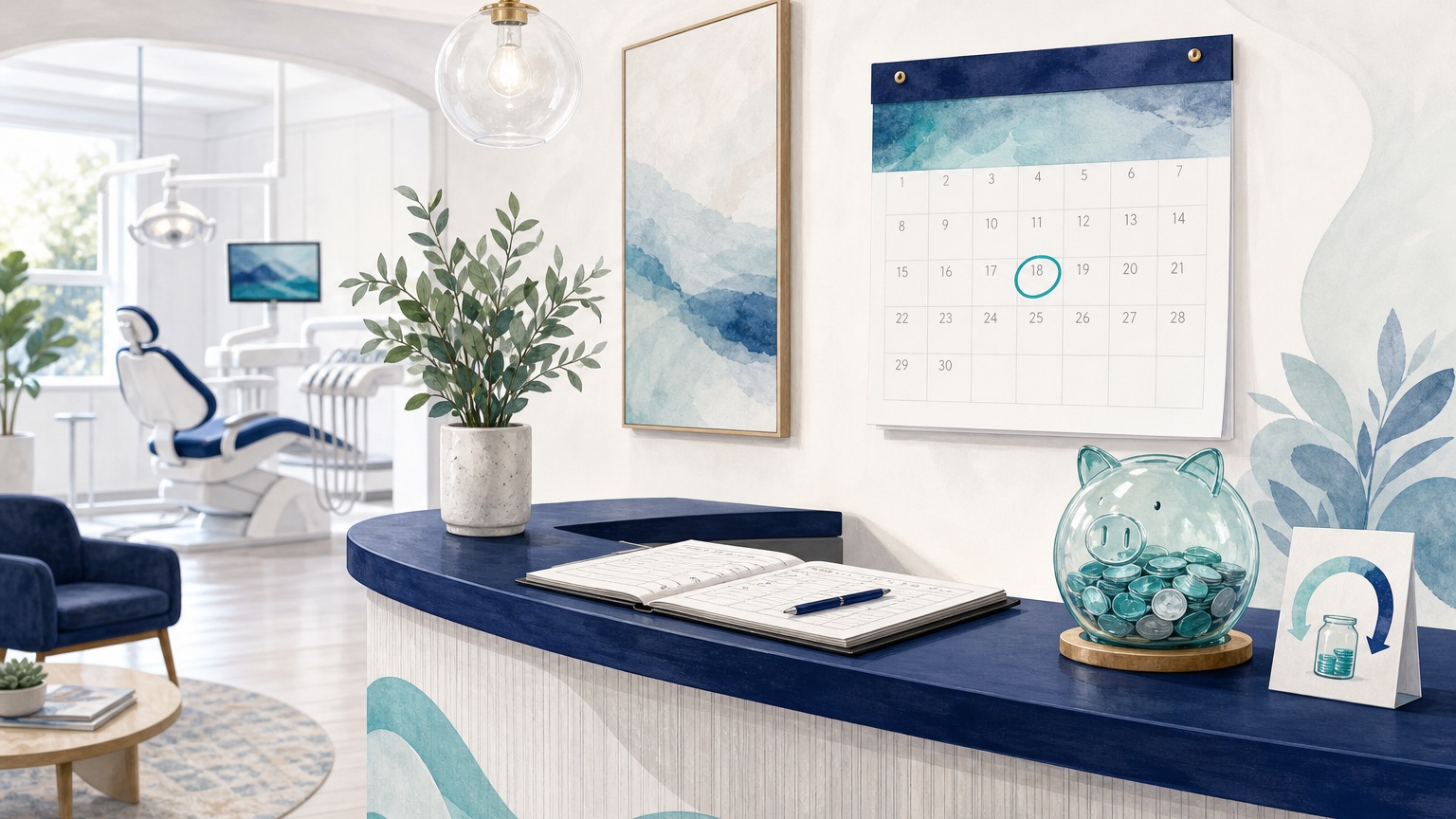 Editorial illustration of a dental insurance card and a calendar with a rising savings jar, suggesting a benefit cap that resets over time