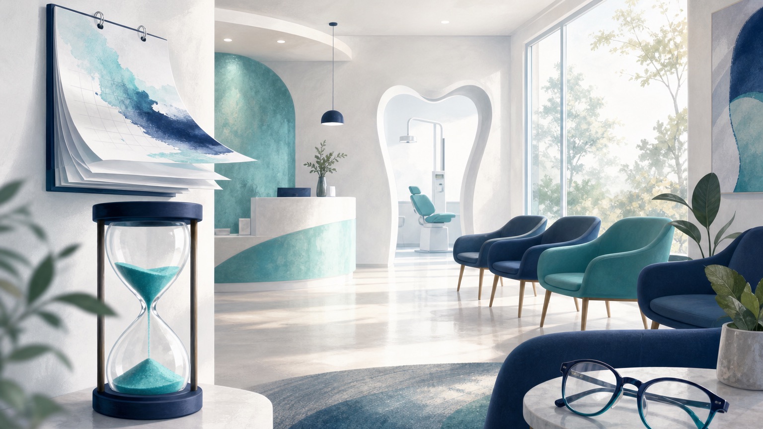 Editorial illustration of a bright dental and vision waiting room with a stylized hourglass and calendar motif suggesting time passing before coverage begins