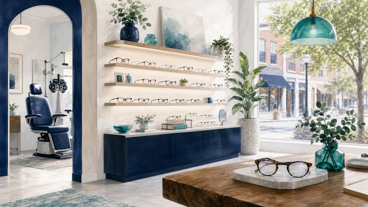 Editorial illustration of a bright optician's office with eyeglass frames on wall shelves and a street visible through the front window