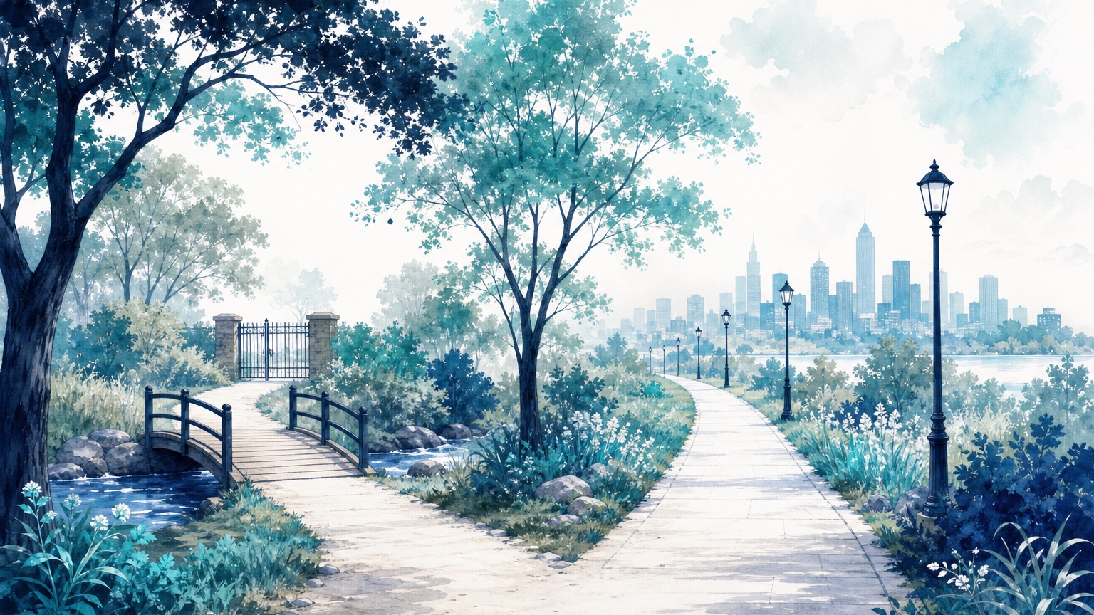 Editorial illustration of a path that forks, one branch crossing a short footbridge to a gate and the other running toward a distant city skyline, representing two different kinds of coverage