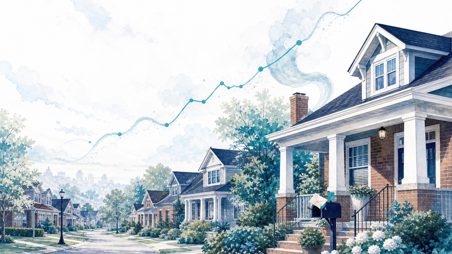 Editorial illustration of a Charlotte-area house with a rising line graph overlay in navy and teal, suggesting insurance rates climbing over time