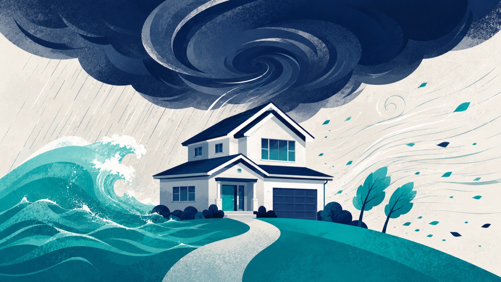 Illustration of a house between a rising wave on one side and hurricane winds on the other, under a swirling storm cloud