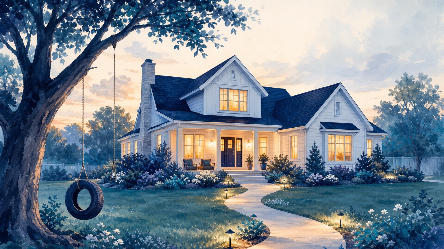 Editorial illustration of a family home with a protective outline representing life insurance coverage