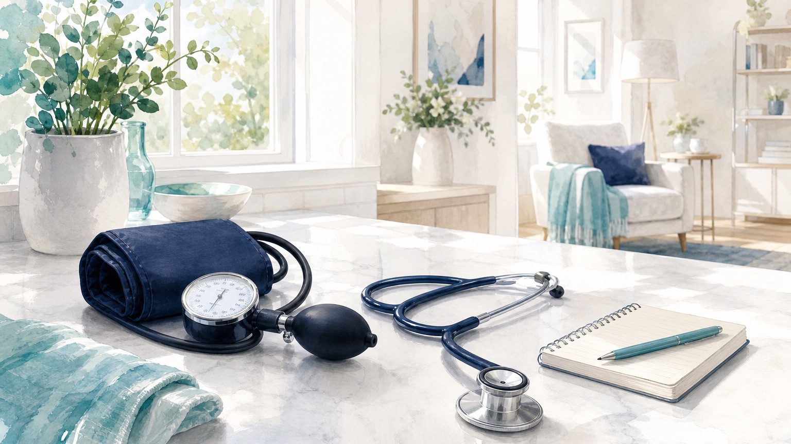 Editorial illustration of a home health check station with a blood pressure cuff and stethoscope on a sunlit counter, representing the medical exam step in life insurance underwriting