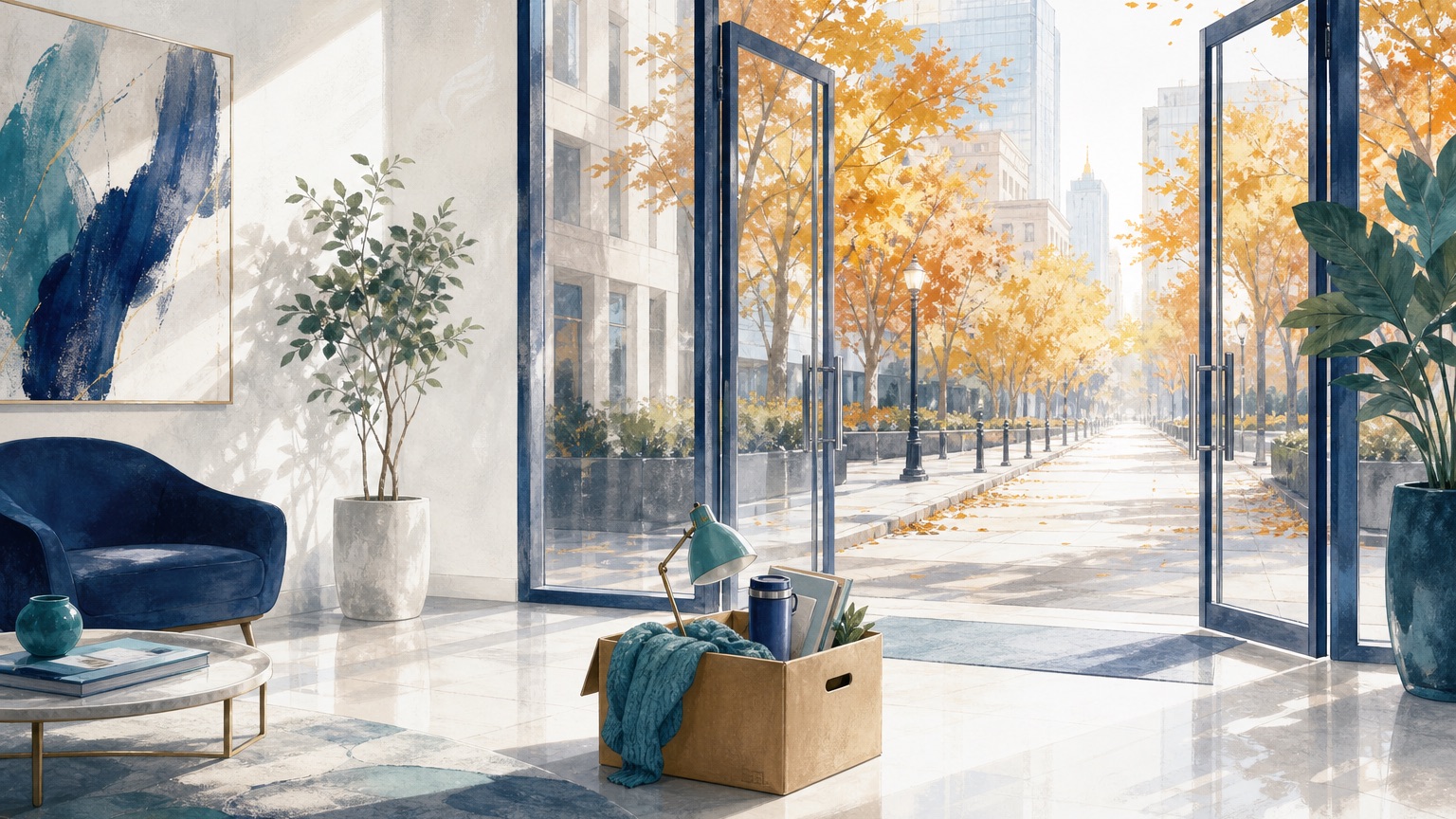 Editorial illustration of an office building lobby opening onto a bright autumn street, with a cardboard box of personal belongings resting by the glass doors, representing leaving a job and the life insurance that came with it