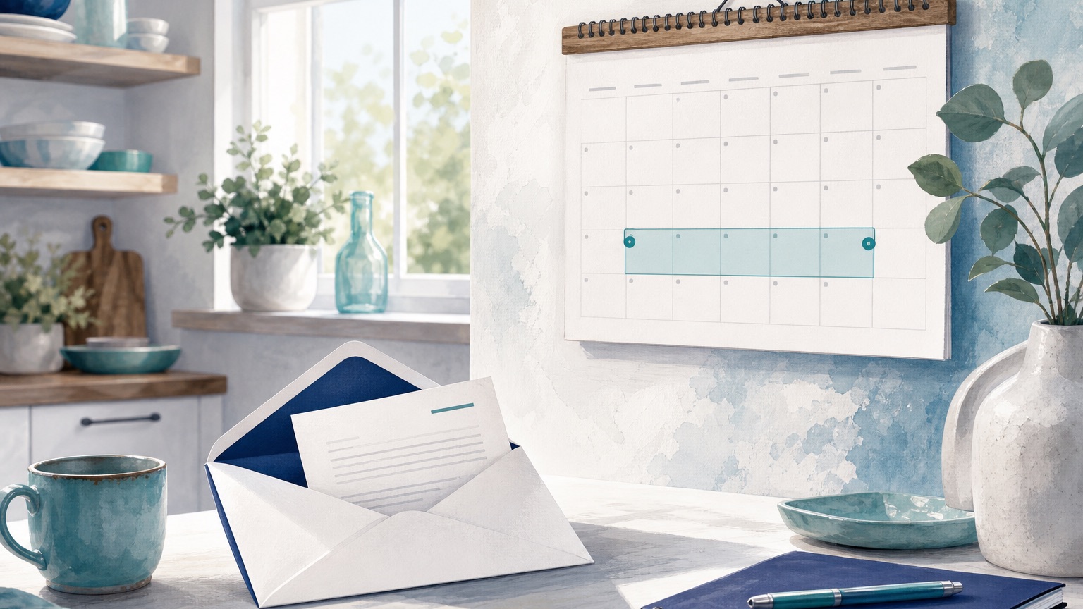 Editorial illustration of a calendar page turning toward a highlighted date range, with a mailbox and envelope motif, in navy and teal tones