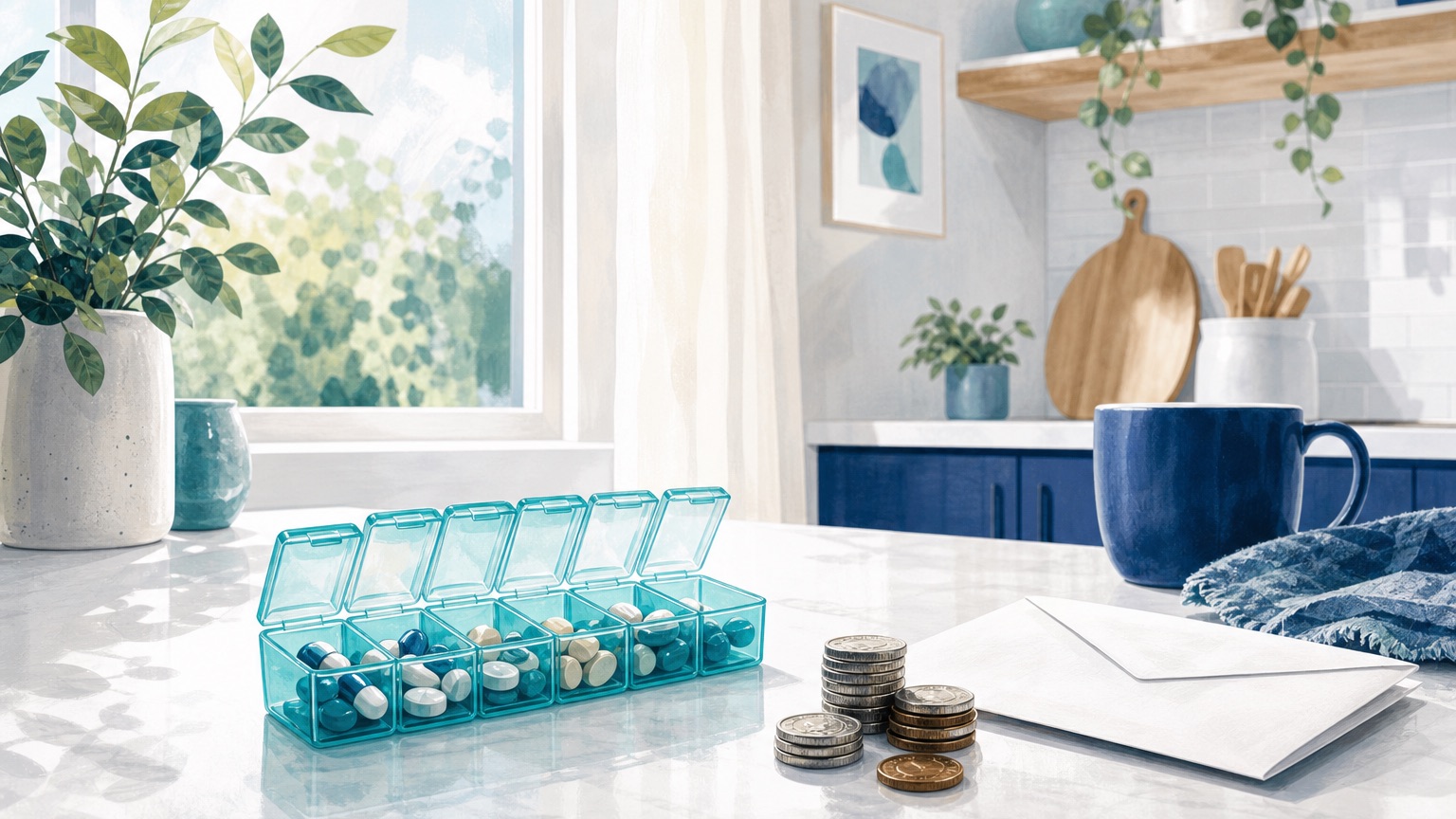 Editorial illustration of a weekly pill organizer and a small stack of coins on a sunlit counter, representing the cost of managing Medicare prescriptions