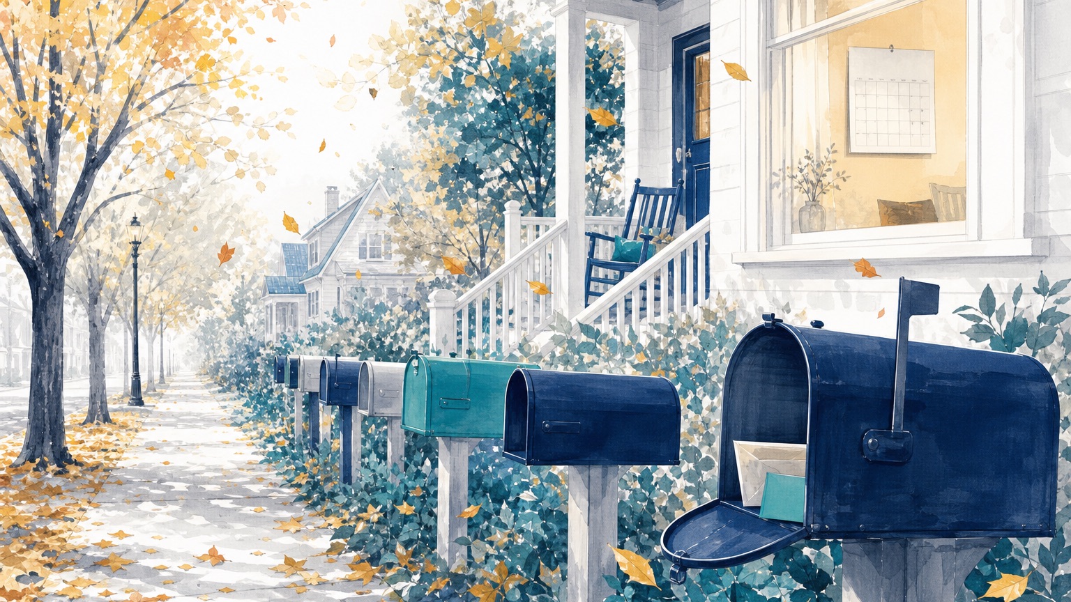 Editorial illustration of a quiet autumn street with a row of mailboxes and a wall calendar seen through a window, representing Medicare enrollment deadlines