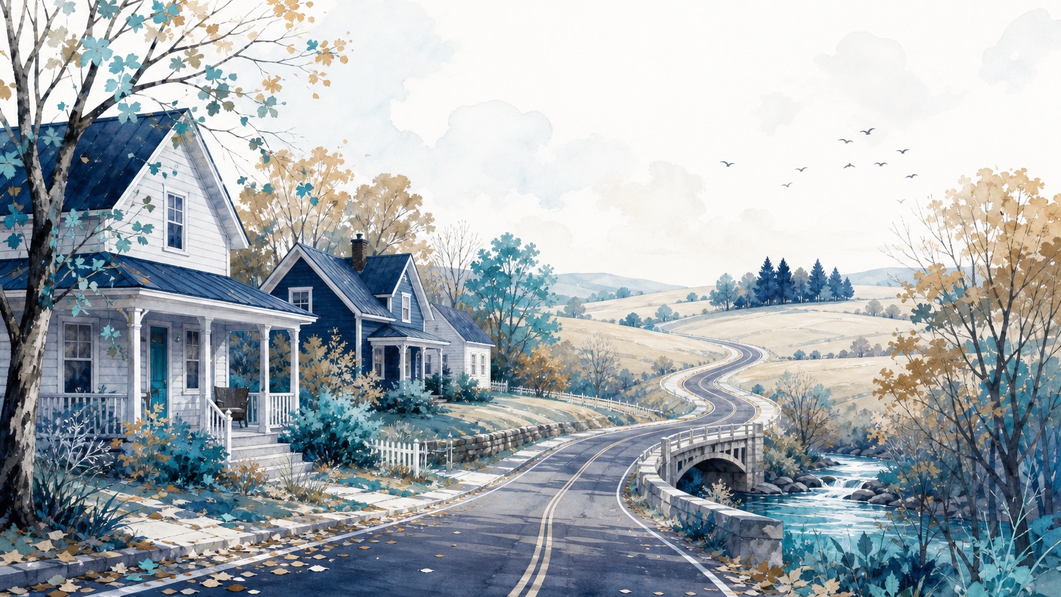 Editorial illustration of an autumn neighborhood where a winding road leaves the houses behind and crosses a creek bridge toward open fields