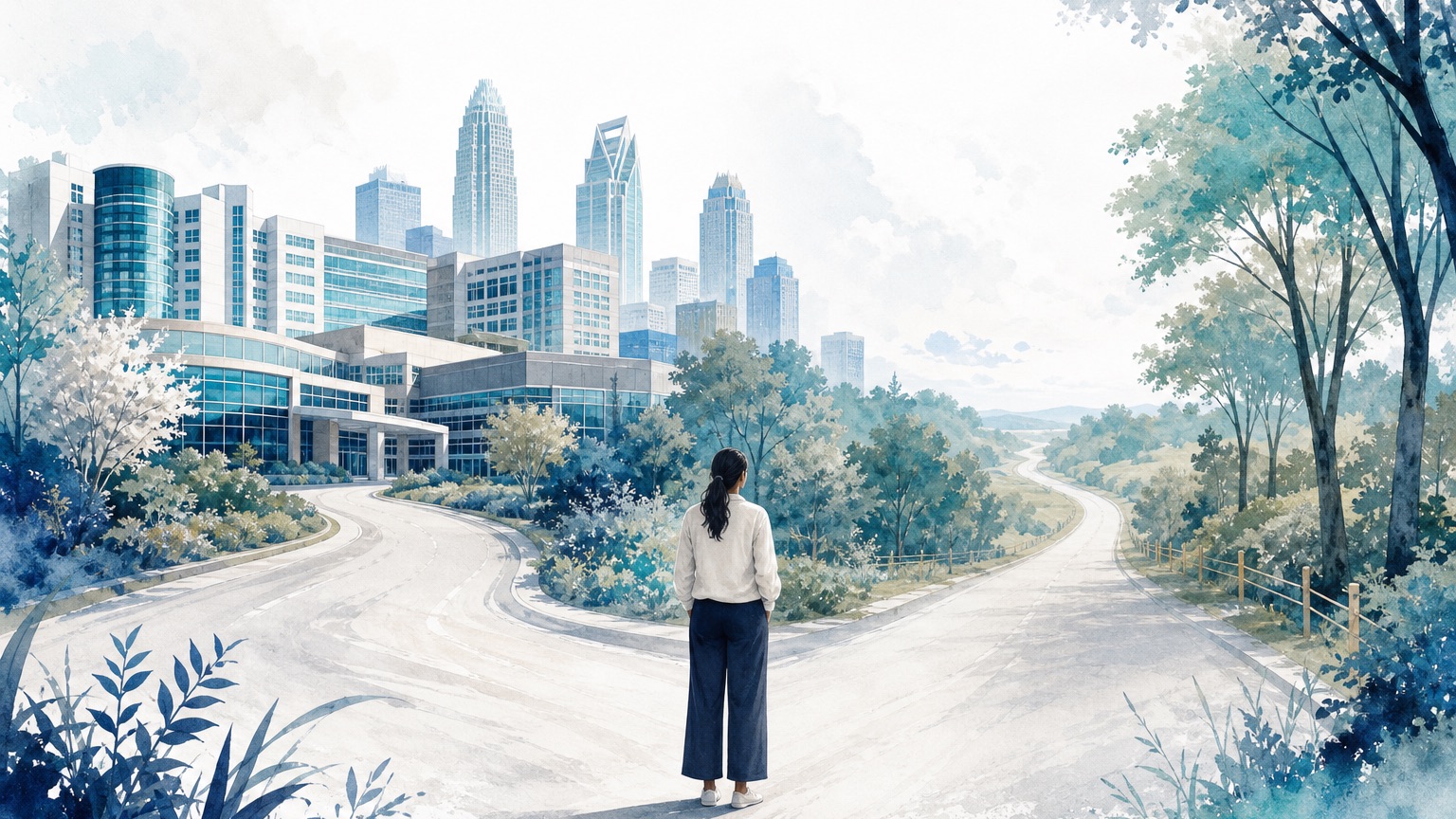 Editorial illustration of two paths branching from a Medicare card, one leading toward a network map and one toward an open road