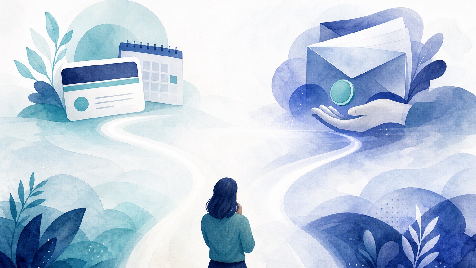 Editorial illustration of two separate paths of envelopes and documents branching from a kitchen table, one leading toward a Medicare card and one toward a cash benefit, in navy and teal