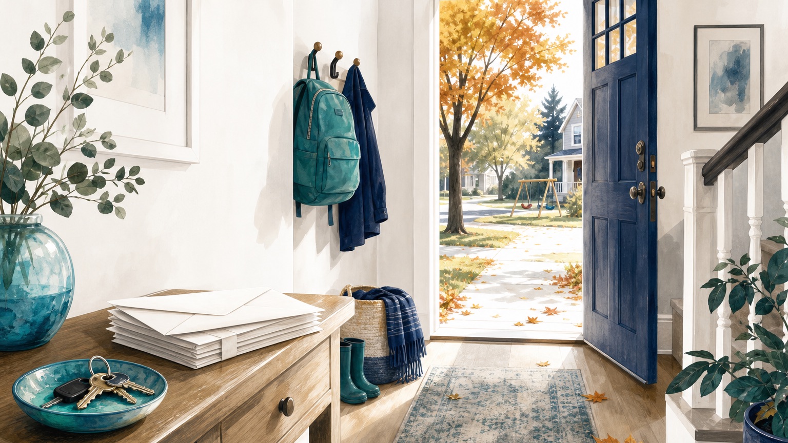 Editorial illustration of a sunlit front hallway with keys in a bowl and a stack of sealed envelopes on a table, the front door open onto an autumn street