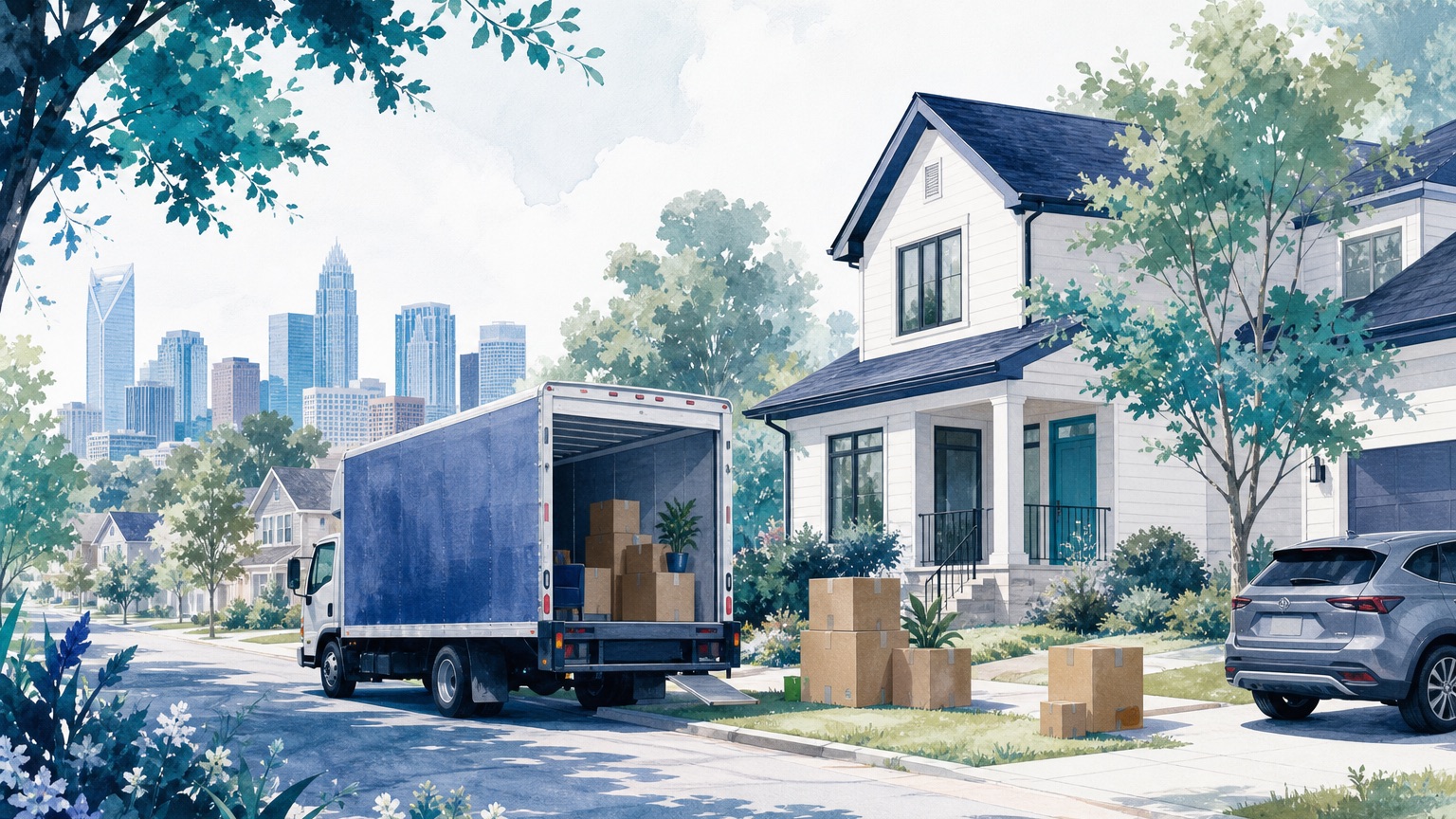 Editorial illustration of moving boxes and a car arriving at a new home under a navy and teal Charlotte skyline