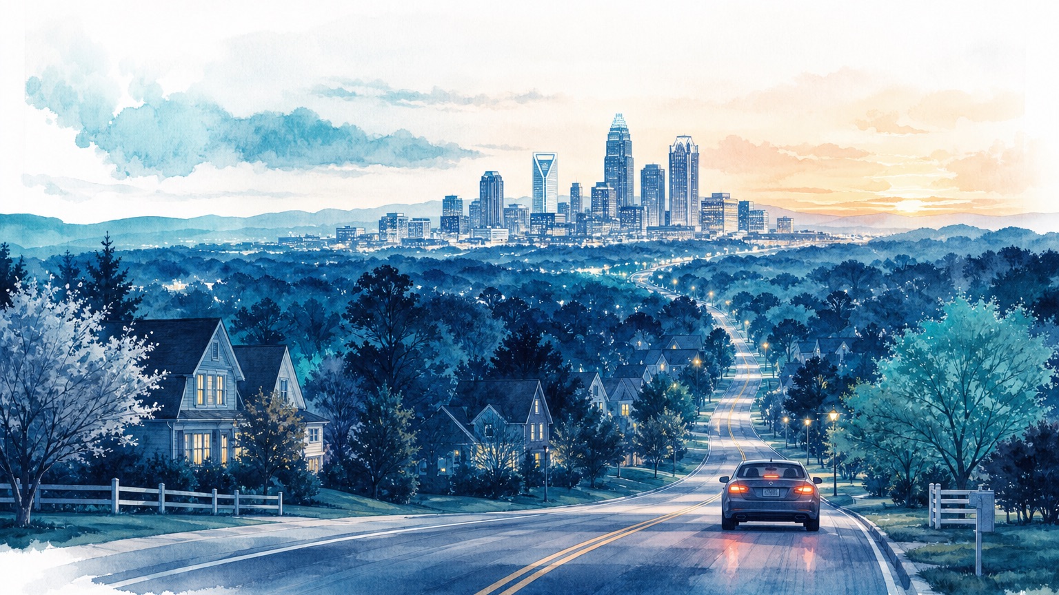 Editorial illustration of a car on a North Carolina road with a layered navy and teal skyline, evoking the idea of coverage limits and the road ahead
