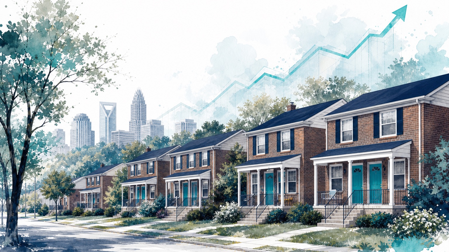 Editorial illustration of a row of Charlotte-style rental duplexes with a subtle upward rate arrow overlay in navy and teal