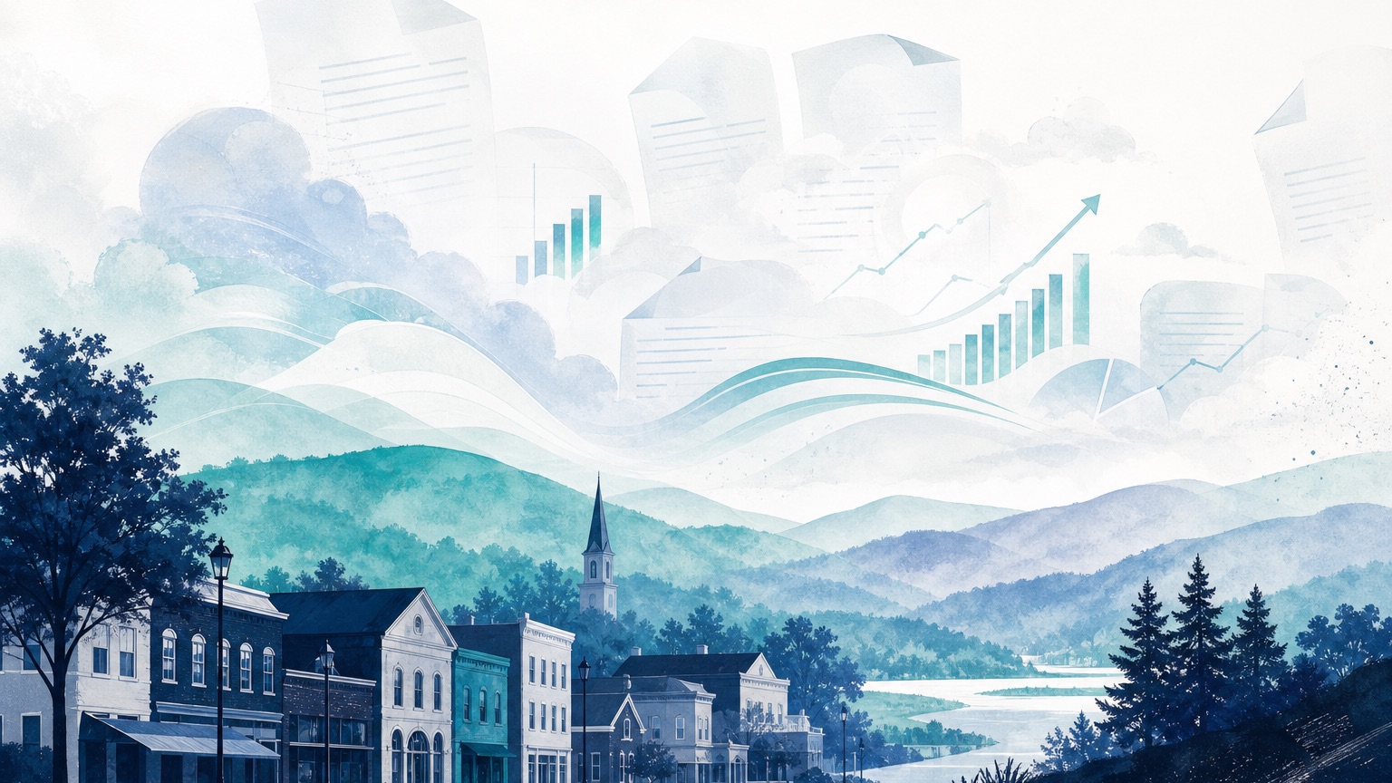 Editorial illustration of a North Carolina state outline with an upward document/chart motif, navy and teal palette, suggesting insurance rate filings under review