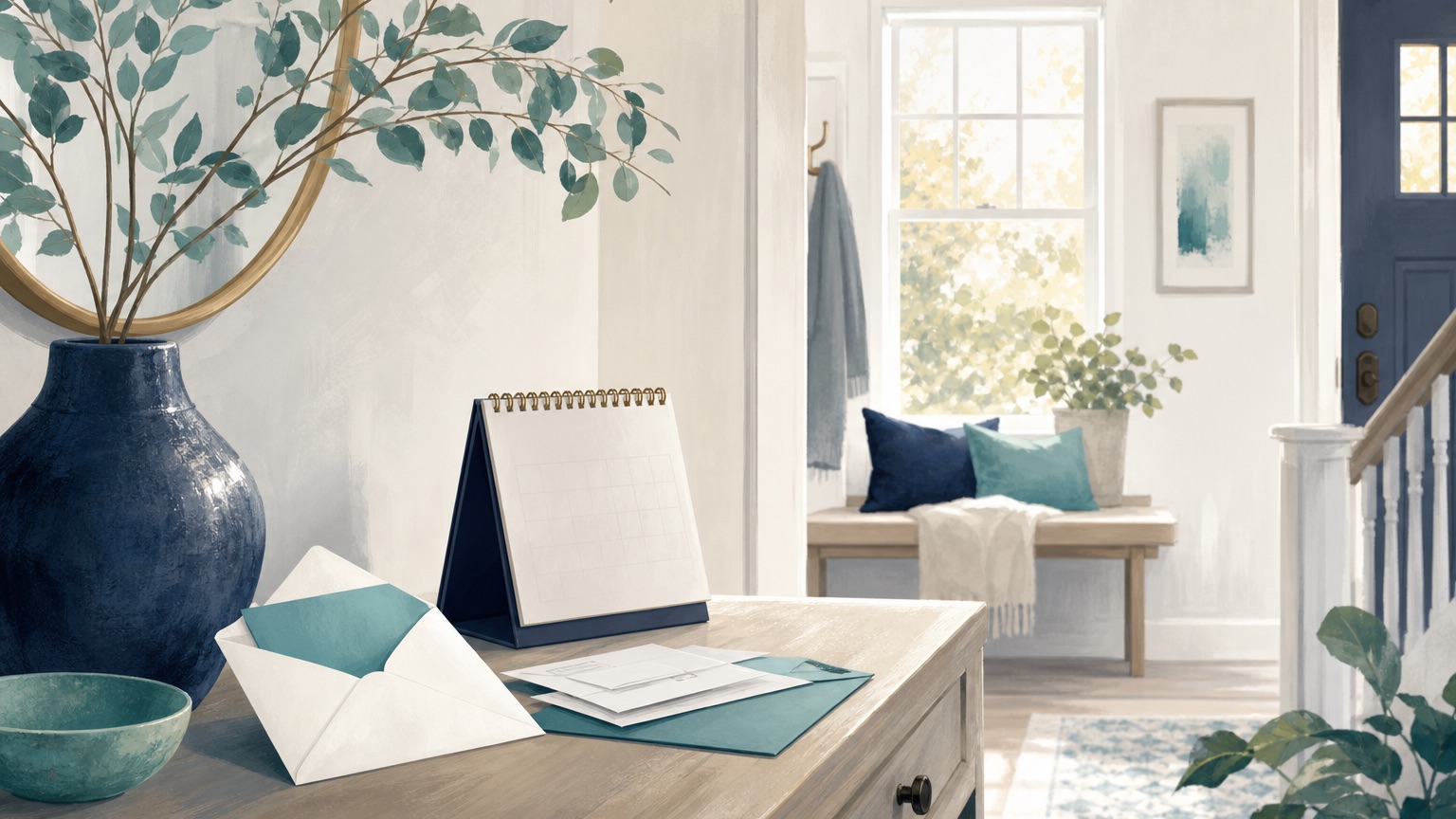 Editorial illustration of an open mailbox with an envelope and a calendar motif in soft navy and teal tones, suggesting the arrival of annual Medicare plan mail