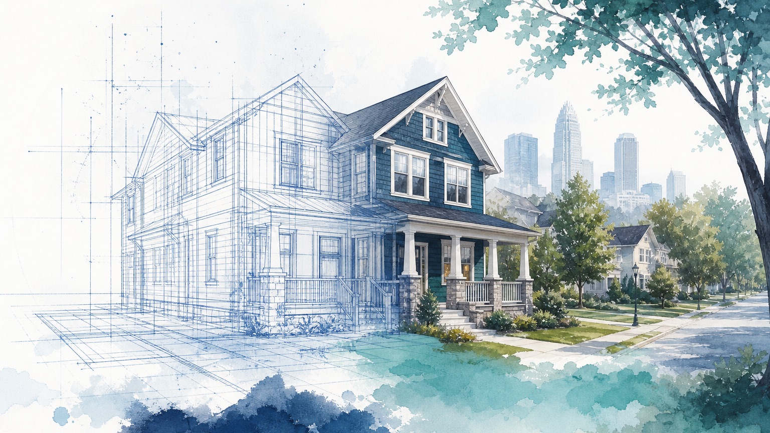 Editorial illustration of a Charlotte house with a blueprint overlay, suggesting the difference between a home's market price and what it would cost to rebuild