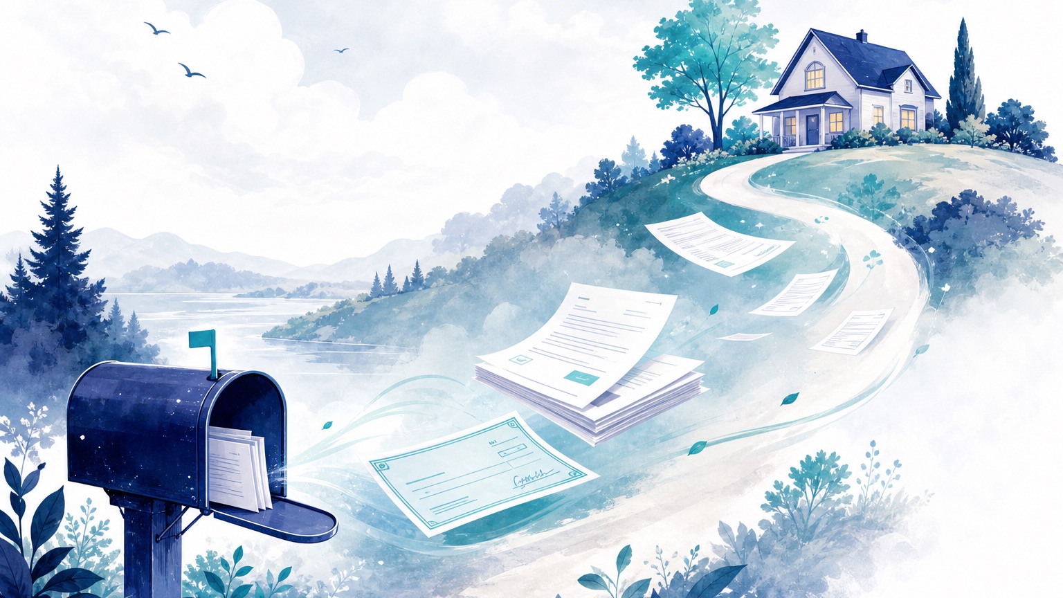 Editorial illustration of a document and a benefit check moving along a simple path toward a house-shaped household, representing a supplemental insurance claim moving from submission to payment under the policy's terms