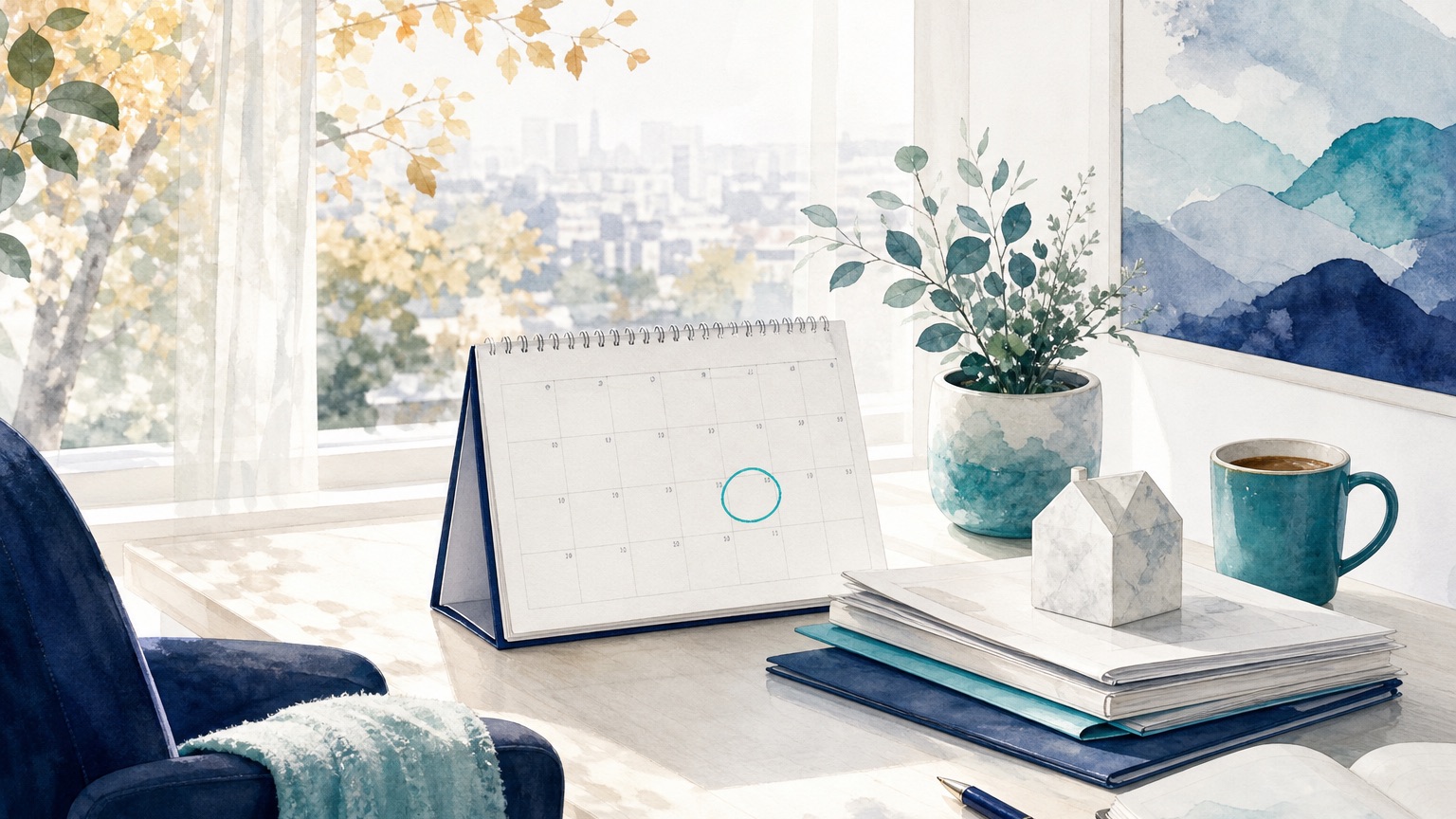 Editorial illustration of a sunlit office desk with a calendar, a closed folder, and a small potted plant, representing the annual open enrollment decision
