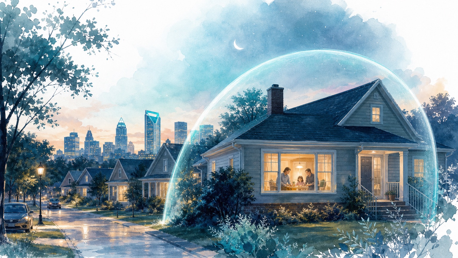 Editorial illustration of a hand holding an umbrella over a house-shaped nest egg, representing supplemental coverage sitting alongside a main health plan
