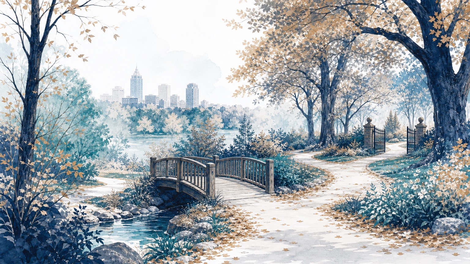 Editorial illustration of an autumn park path dividing at a small wooden footbridge, one branch leading to an open garden gate