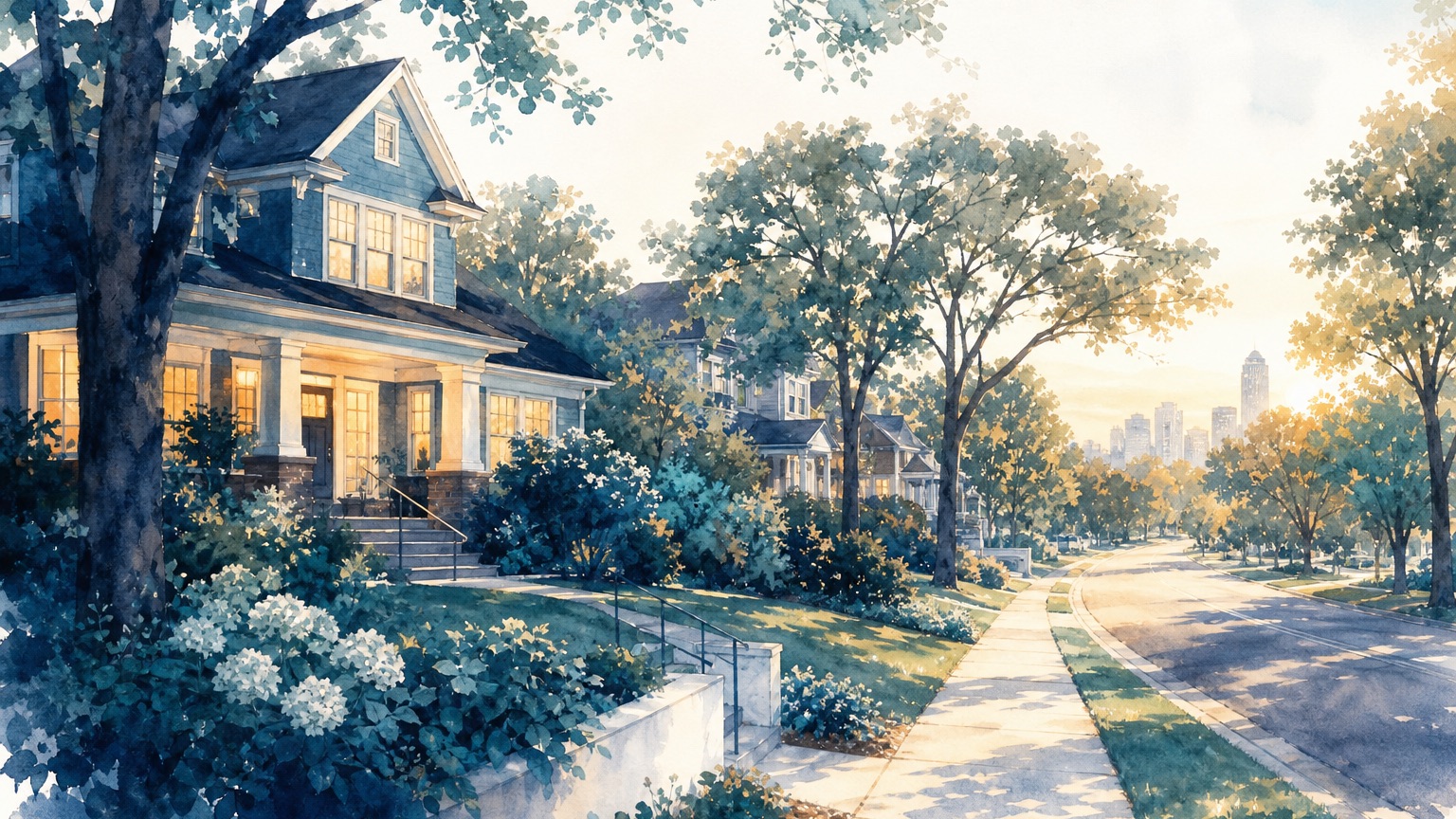 Painterly illustration of a tree-lined Charlotte residential street at golden hour, a family home with lit windows in the foreground and the road curving toward a distant skyline