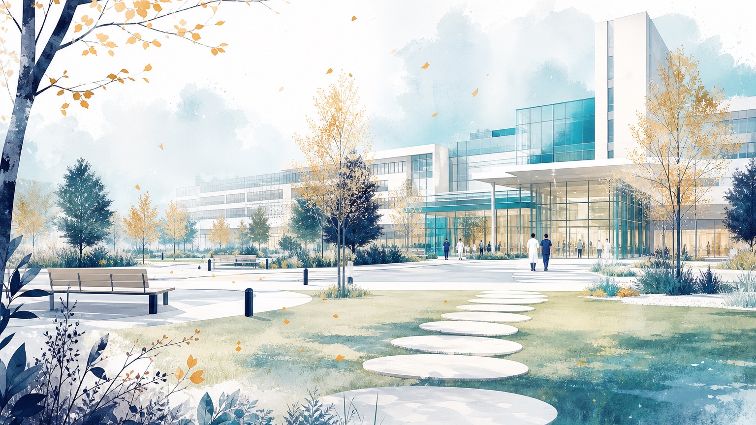 Editorial illustration of a hospital campus seen across an open plaza, with a path of evenly spaced stepping stones leading toward the entrance, representing a benefit schedule that pays set amounts at set points