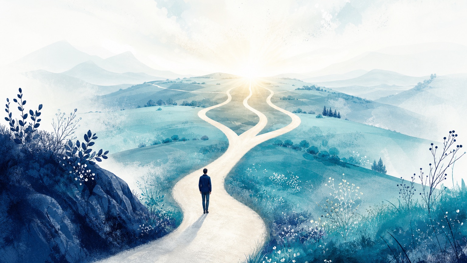 Editorial illustration of a winding path leading toward a Medicare card, representing the different ways someone can become eligible for Medicare