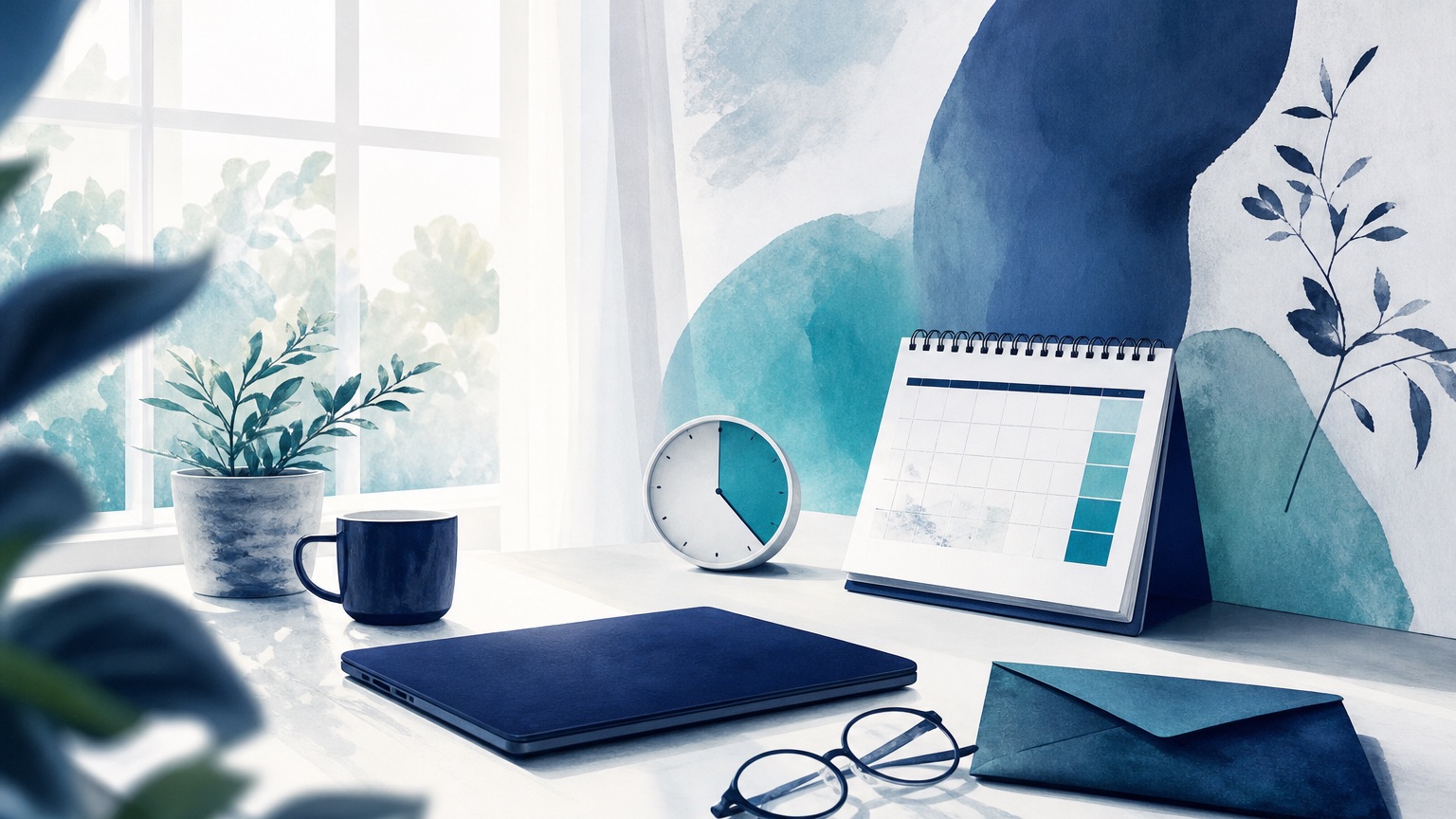 Editorial illustration of a desk by a window with a calendar and clock motif in the background, suggesting a countdown window for enrolling in Medicare Part B
